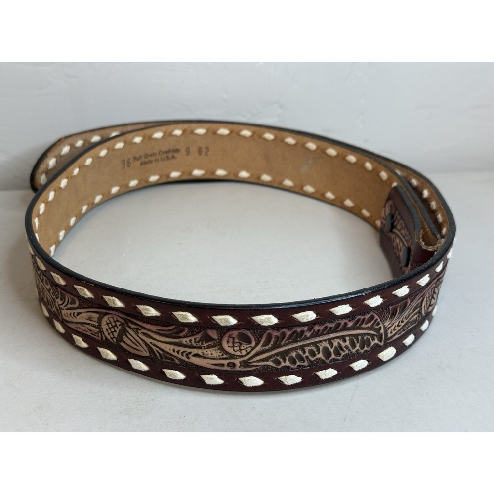 Vintage 1962 Western Blank‎ Belt 36 Leather Tooled Feather Acorn Buckstitch